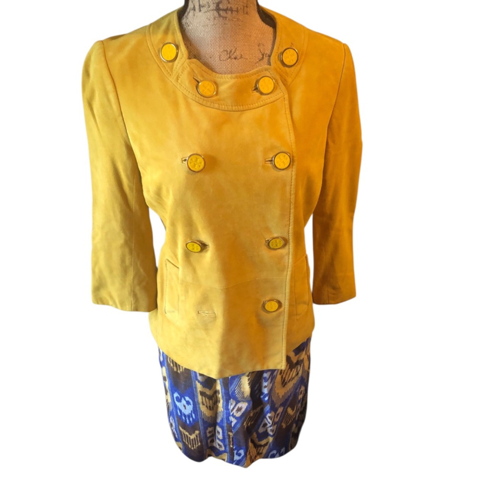 Tory Burch Leather Double Breasted Jacket and Jimima Ikat Linen Skirt Size 8